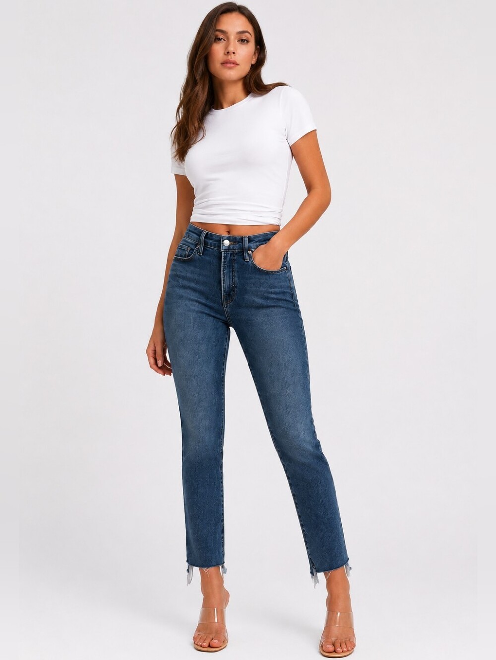 Good American Good Legs High Rise Straight Stretch Ankle Cropped Raw Hem Jeans 4
